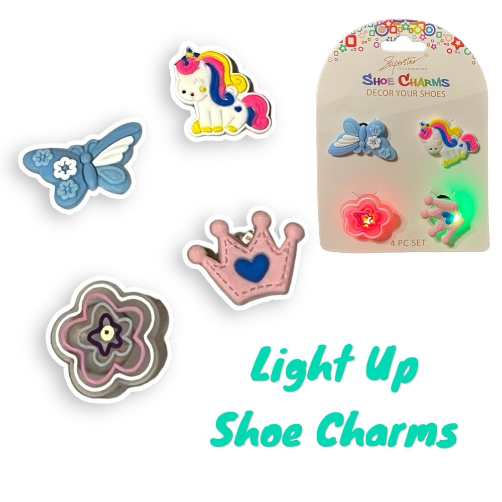 Light Up Shoe Croc Charms Set of 4 Unicorn, Butterfly, Flower & Crown